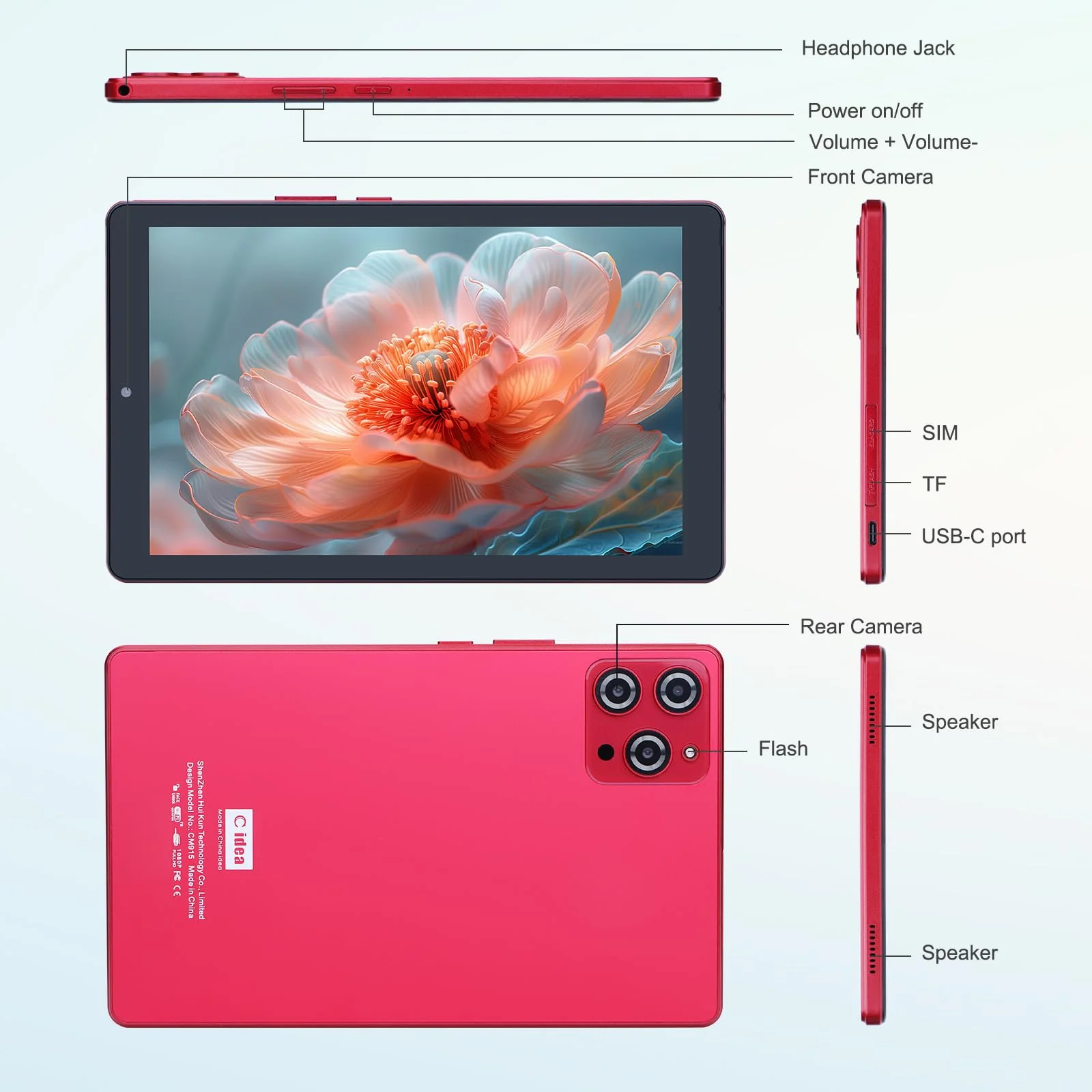 C Idea CM915 8 Go + 512 Go Rouge WiFi 5G, Tablette Android 12 de 9 pouces Extensible 512 Go TF 5MP + 8MP Double caméra