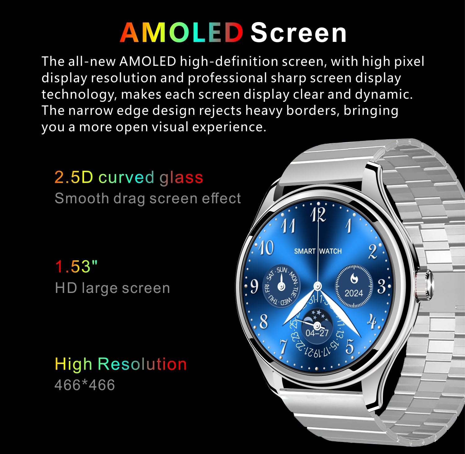 Hommtel GT5 Ultrathin  –Écran AMOLED réel de 1,53 pouce  –3 bracelets  –Assistant vocal  –Fréquence cardiaque