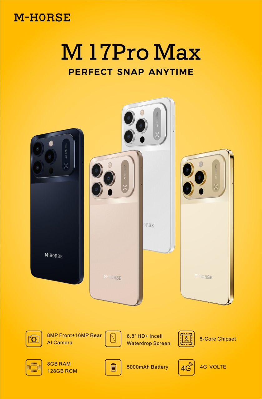 M-HORSE M17 pro Max + / Ecran : 6.6’’ HD+ Photo : 16MP+32MP Rear AI caméra Mémoire  : 128 GB RAM : 8 ( 4+4 ) Batterie : 5000mAh Connexion : 4G