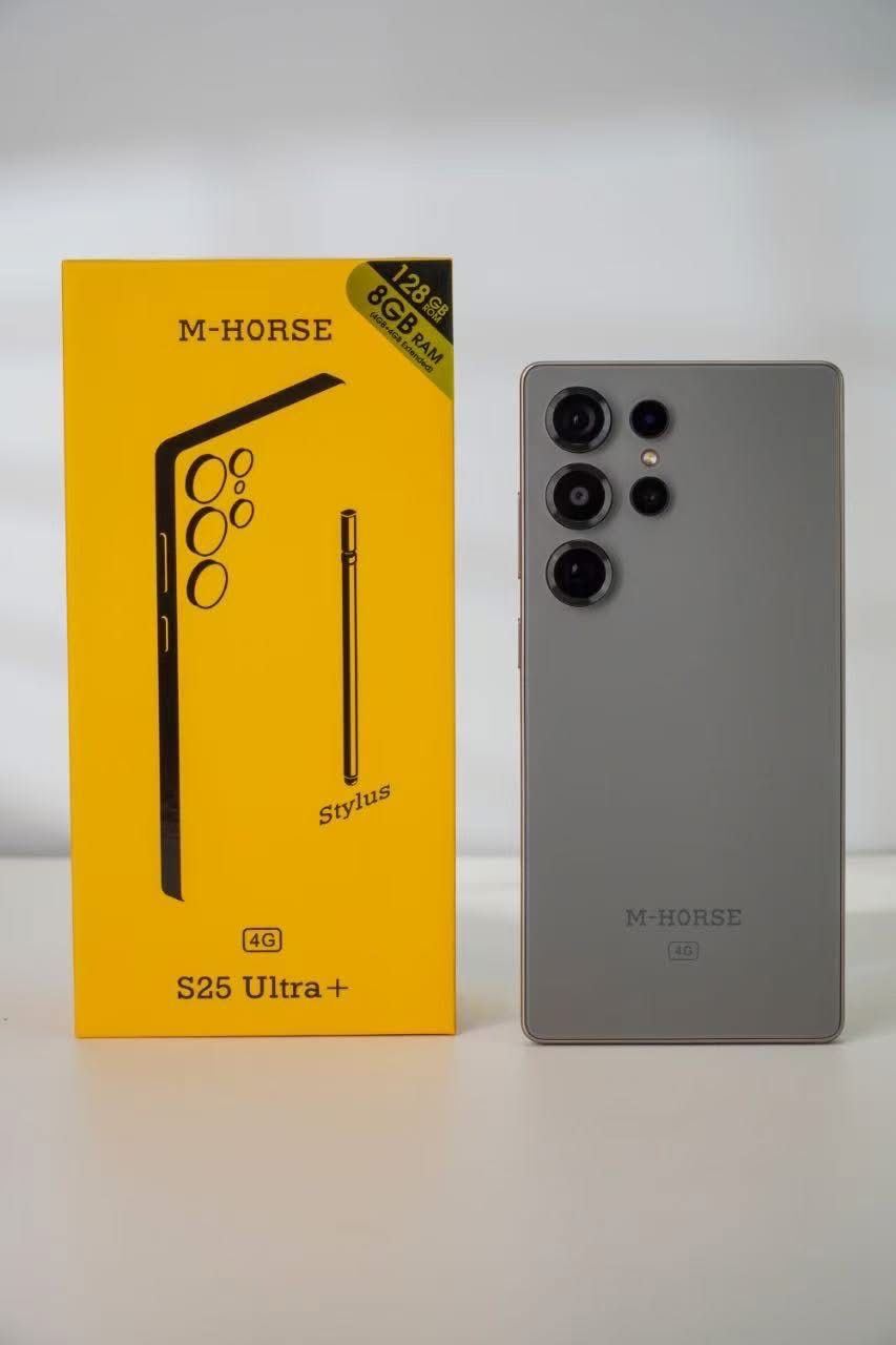 M-HORSE S25 Ultra+ Ecran : 6.6’’ HD+ Photo : 16MP+32MP Rear AI caméra Mémoire  : 128 GB RAM : 8 ( 4+4 ) Batterie : 5000mAh Connexion : 4G
