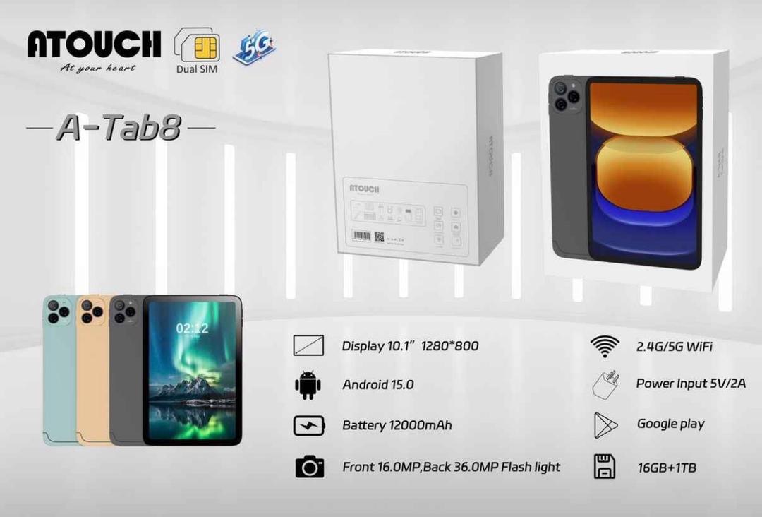 Tablette Atouch A-Tab8  – Dual SIM 5G   Ecran : 10.1’’ FHD Photo : 16MP+13MP  Mémoire  : 1T / 1000GB RAM : 16GB Batterie : 12000mAh Android : 15