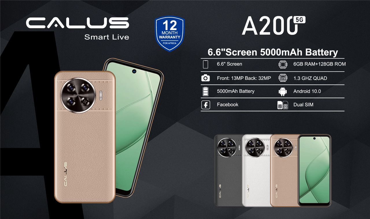 Calus A200  – Mémoire : 128GB – Ram : 6 GB  – Écran :  6.6 – Photo : 13MP / 32MP – carte SIM : 2 SIM – Batterie : 5000 mAh